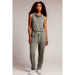 Monrow Super Soft Knit Sleeveless Olive Green Cowl Neck Tie Waist Jumpsuit - XS